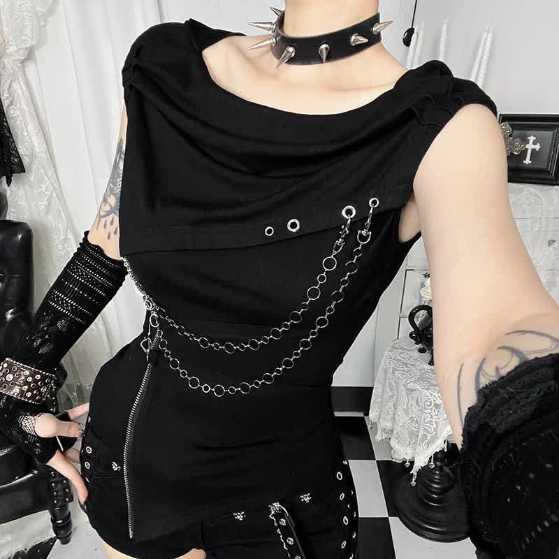 Gothic Draped Collar Sleeveless Top With Metal Chain Decor - image 2