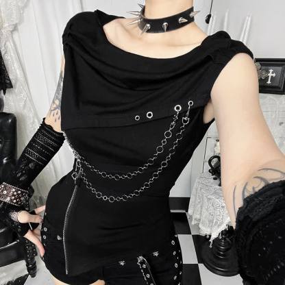 Gothic Draped Collar Sleeveless Top With Metal Chain Decor - image 2