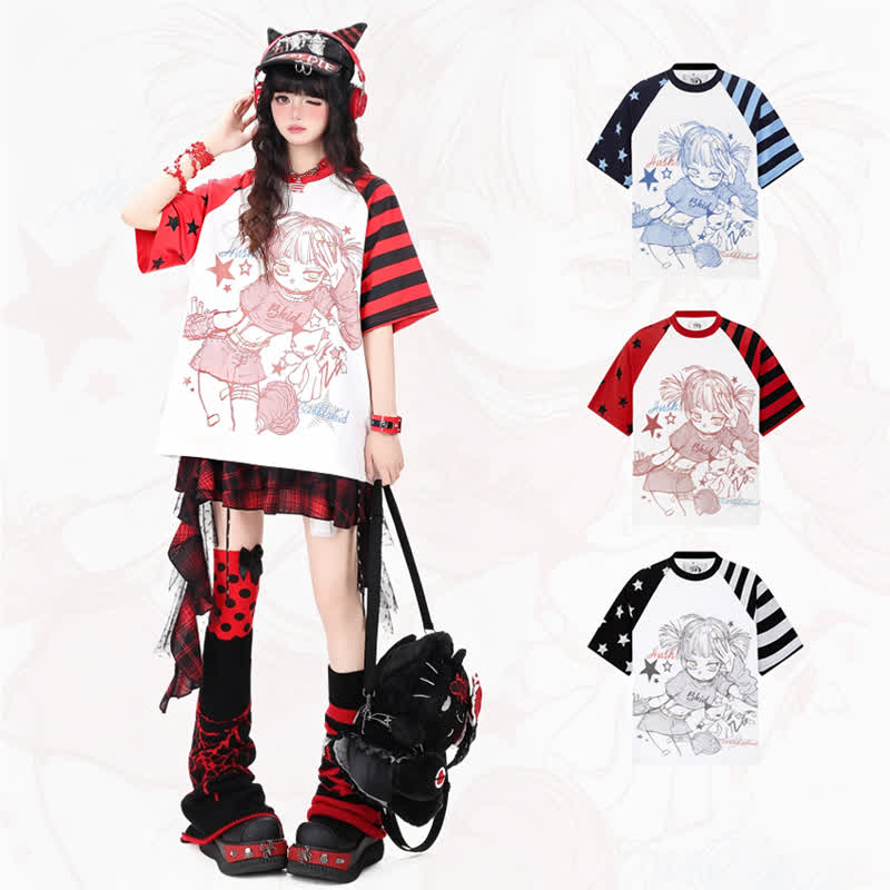 Y2K Vintage Cartoon Girl Print Star Stripe Splicing Short Sleeve T-shirt - image 1