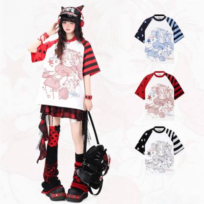 Y2K Vintage Cartoon Girl Print Star Stripe Splicing Short Sleeve T-shirt - image 1