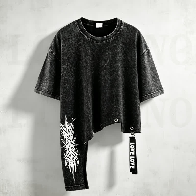 Washed Vintage Letter Print Asymmetric Short Sleeve T-shirt  - image 1