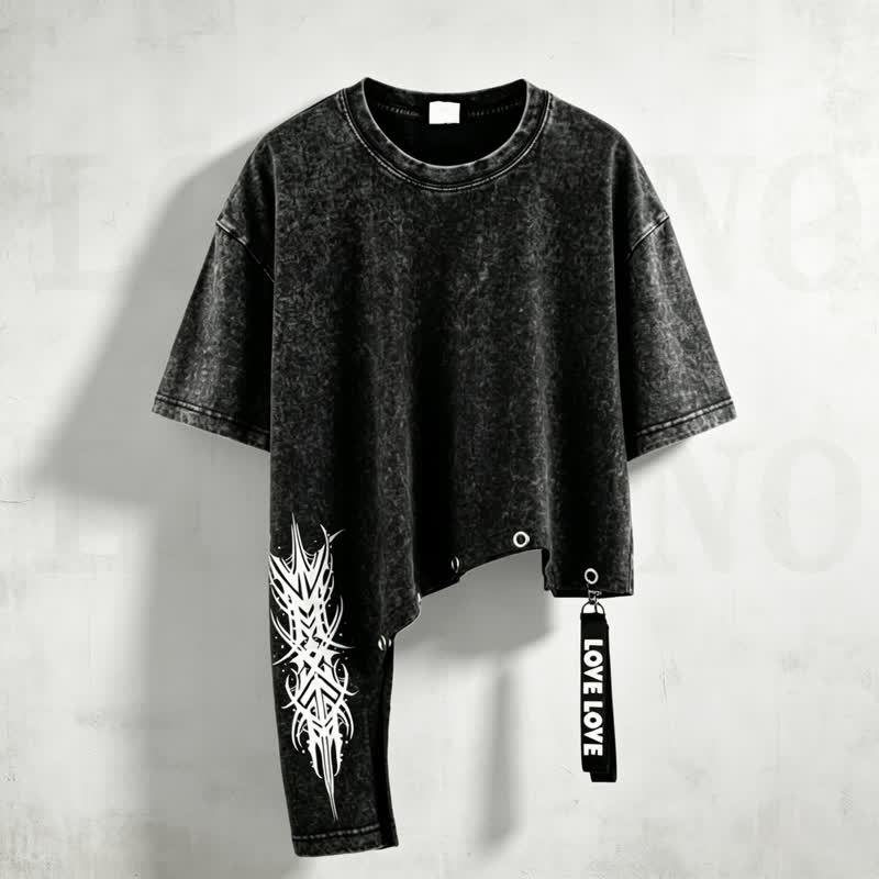 Washed Vintage Letter Print Asymmetric Short Sleeve T-shirt  - image 1