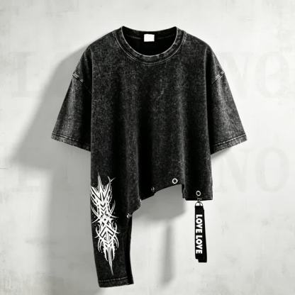 Washed Vintage Letter Print Asymmetric Short Sleeve T-shirt  - image 1