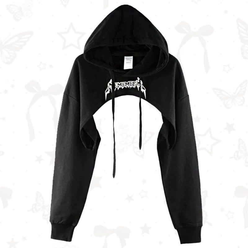 Vintage Letter Print Long Sleeve Irregular Cropped Hooded Sweatshirt - Black A - 3XL - image 1