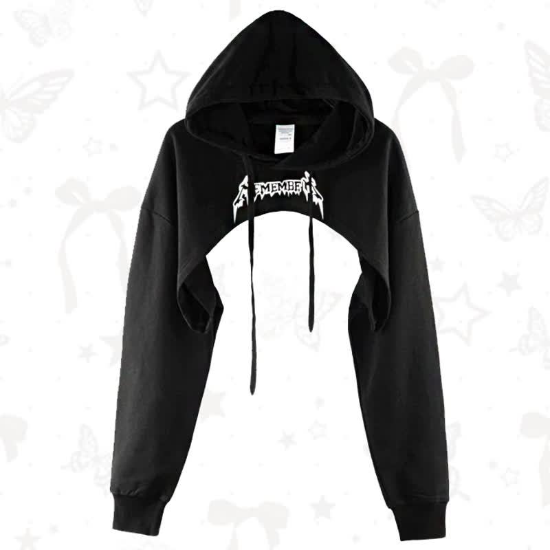 Vintage Letter Print Long Sleeve Irregular Cropped Hooded Sweatshirt - Black A - 3XL - image 1
