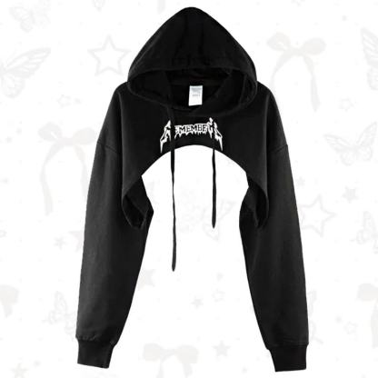 Vintage Letter Print Long Sleeve Irregular Cropped Hooded Sweatshirt - Black A - 3XL - image 1