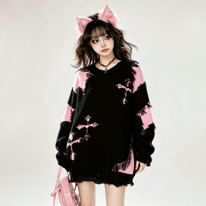 Dark Fashion Cross Print Fringed Distressed Color Block Knit Sweater - image 1