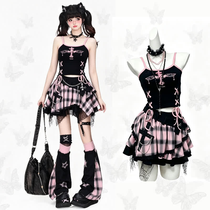Gothic Cross Print Lace Up Cami Top Plaid Layered Skirt Two Pieces Set - image 1