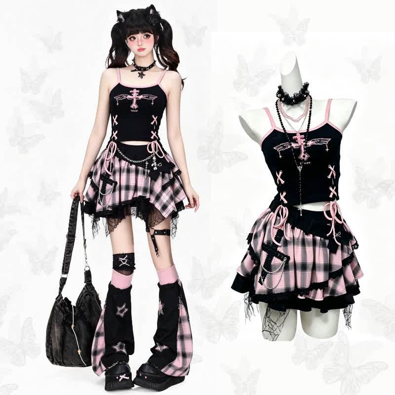 Gothic Cross Print Lace Up Cami Top Plaid Layered Skirt Two Pieces Set - image 1