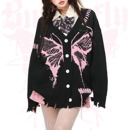 Dark Fashion Butterfly Print Distressed Knit Oversize Sweater  - image 1