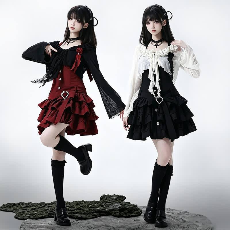 Gothic Ruffle Lace Knit Crop Cardigan Tiered Ruffle Dress Two Pieces Set  - image 1