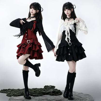 Gothic Ruffle Lace Knit Crop Cardigan Tiered Ruffle Dress Two Pieces Set  - image 1