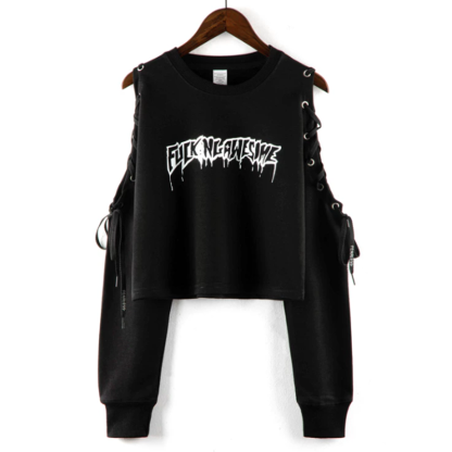 Vintage Letter Print Long Sleeve Irregular Cropped Hooded Sweatshirt - Black B - 3XL - image 4