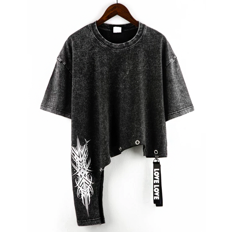 Washed Vintage Letter Print Asymmetric Short Sleeve T-shirt  - Black A - 2XL - image 3