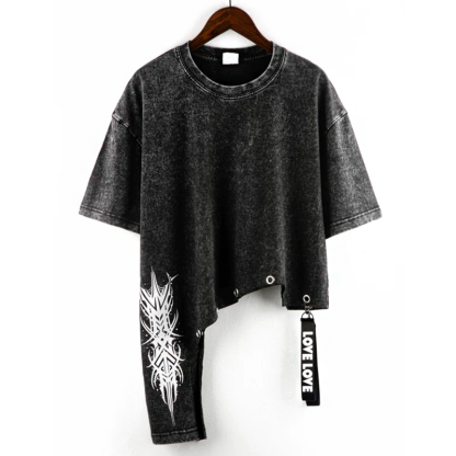 Washed Vintage Letter Print Asymmetric Short Sleeve T-shirt  - Black A - 2XL - image 3