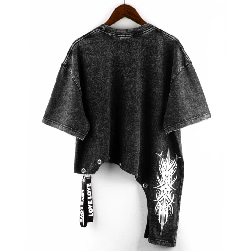 Washed Vintage Letter Print Asymmetric Short Sleeve T-shirt  - image 2