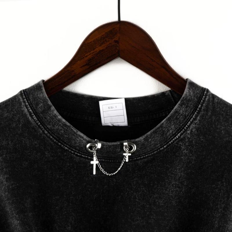 Washed Vintage Letter Print Asymmetric Short Sleeve T-shirt  - image 8
