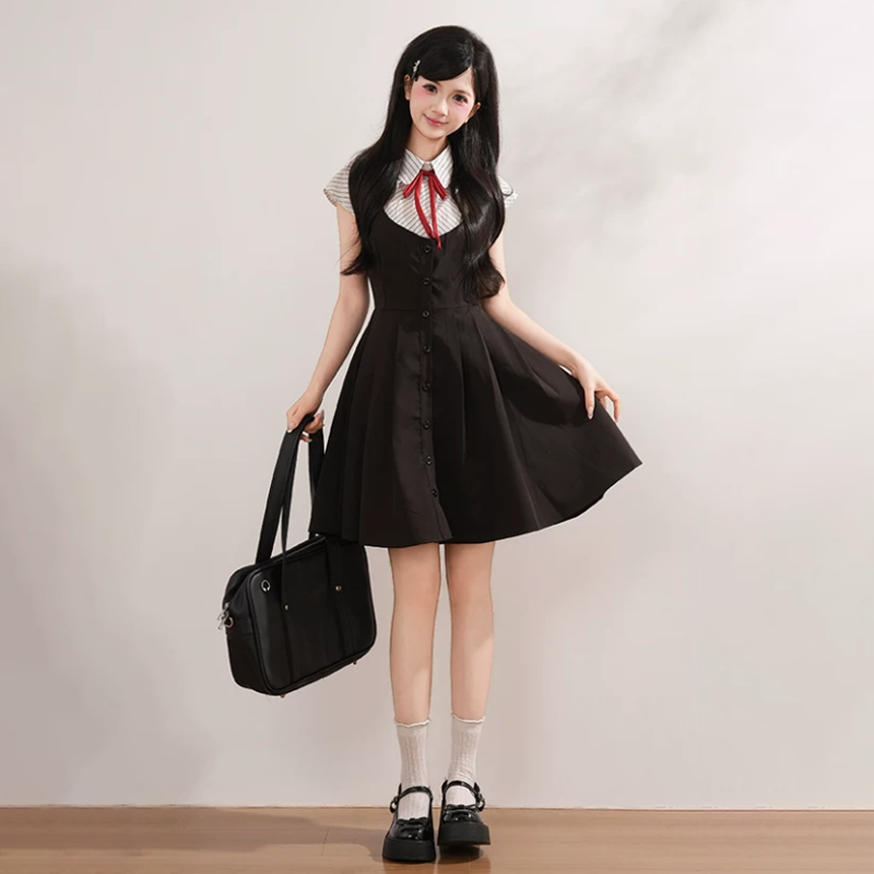 College Style Striped Short Sleeve Shirt Sleeveless Dress Two Pieces Set  - image 3