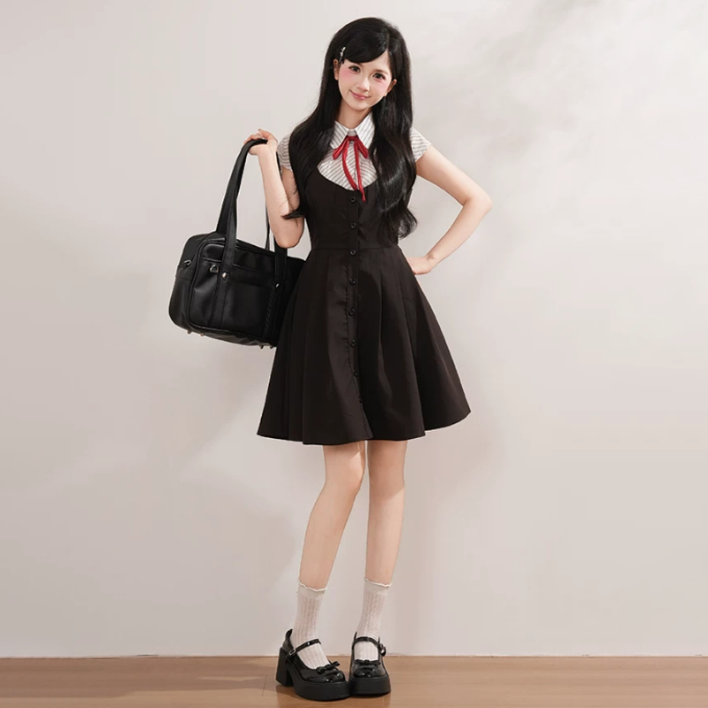 College Style Striped Short Sleeve Shirt Sleeveless Dress Two Pieces Set  - image 2