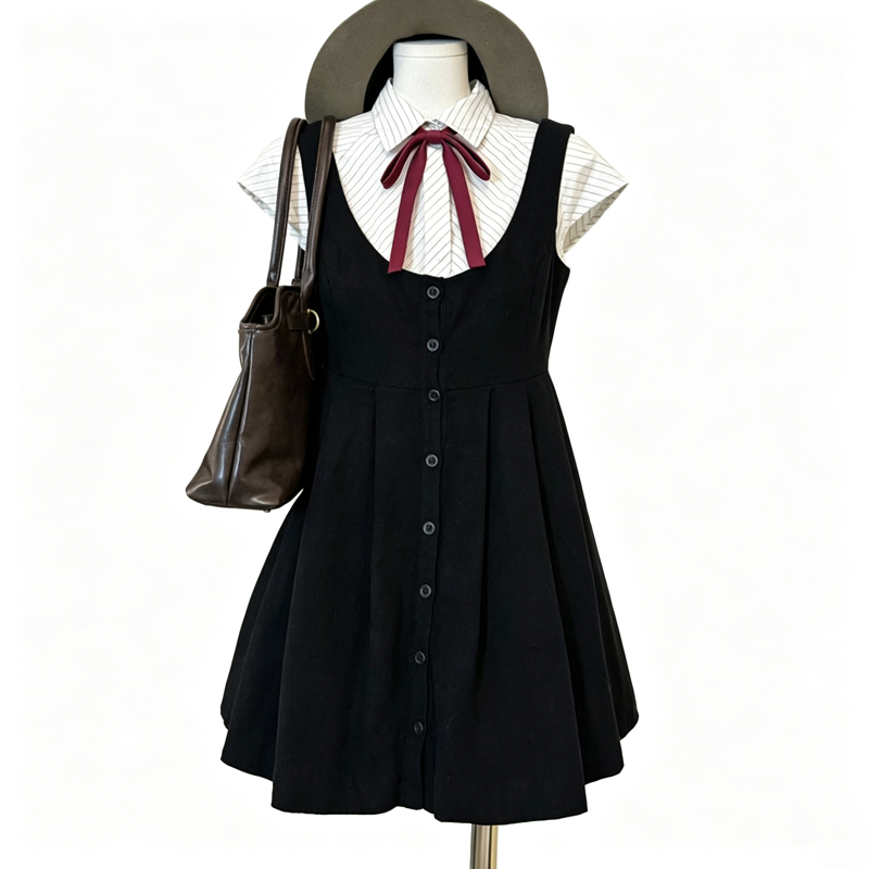 College Style Striped Short Sleeve Shirt Sleeveless Dress Two Pieces Set  - Dress - XL - image 10