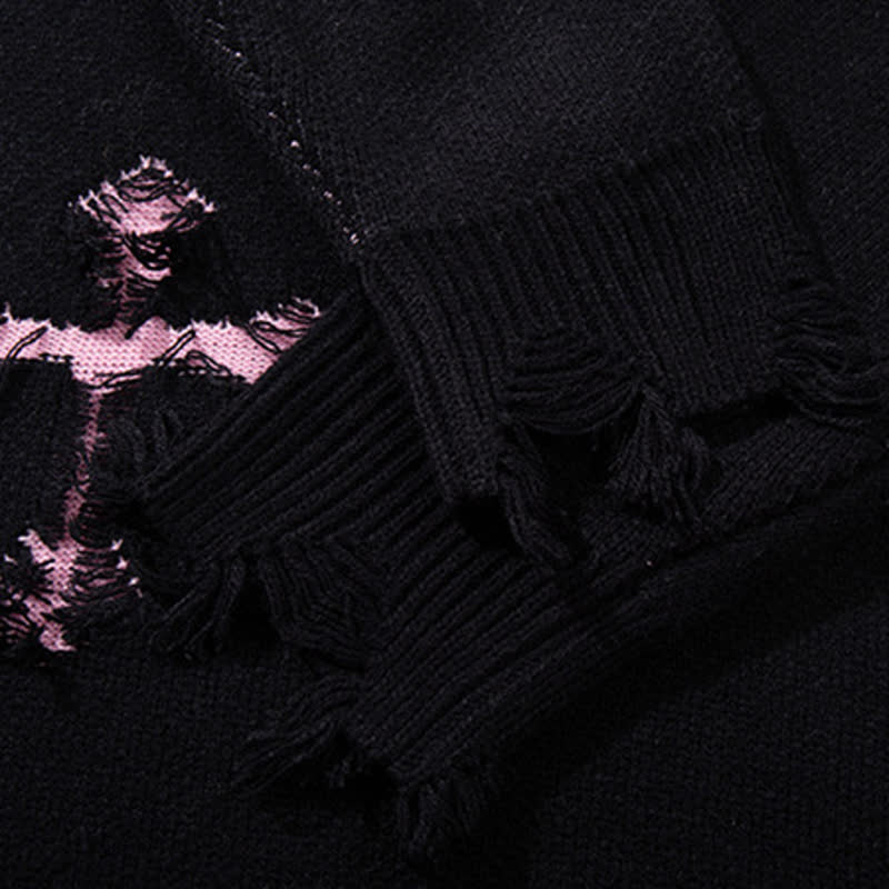Dark Fashion Cross Print Fringed Distressed Color Block Knit Sweater - image 5