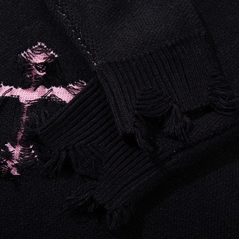 Dark Fashion Cross Print Fringed Distressed Color Block Knit Sweater - image 5