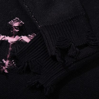 Dark Fashion Cross Print Fringed Distressed Color Block Knit Sweater - image 5