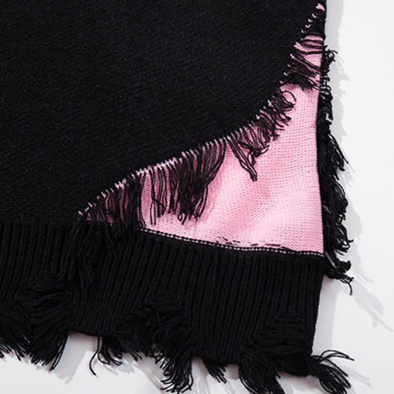 Dark Fashion Cross Print Fringed Distressed Color Block Knit Sweater - image 3