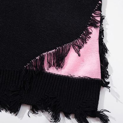Dark Fashion Cross Print Fringed Distressed Color Block Knit Sweater - image 3