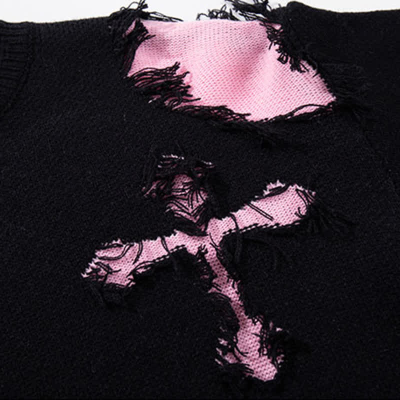 Dark Fashion Cross Print Fringed Distressed Color Block Knit Sweater - image 2