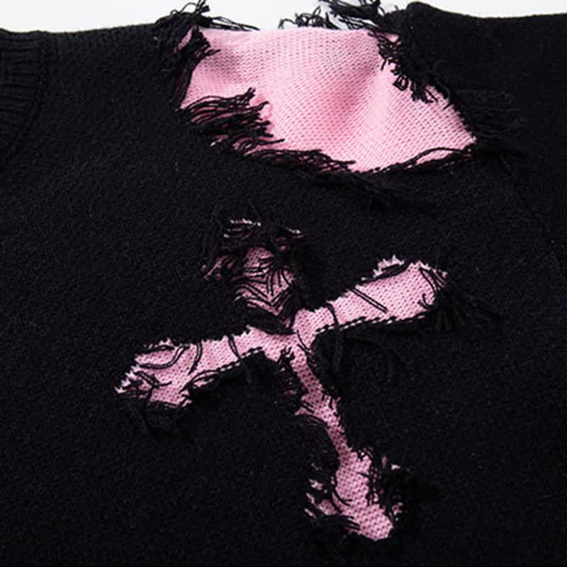 Dark Fashion Cross Print Fringed Distressed Color Block Knit Sweater - image 2