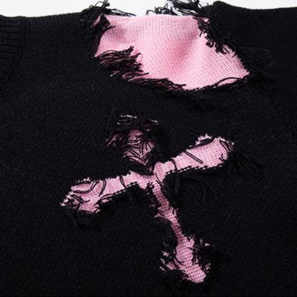 Dark Fashion Cross Print Fringed Distressed Color Block Knit Sweater - image 2