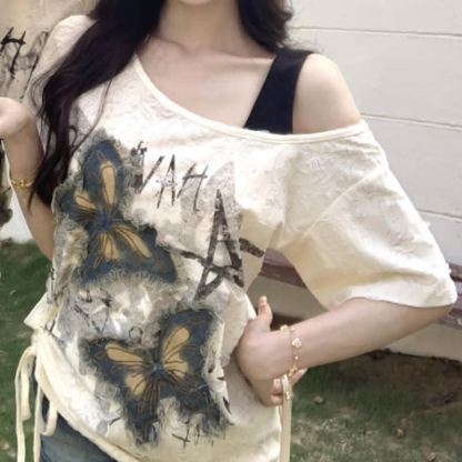 Vintage Butterfly Print Off Shoulder Short Sleeve Couple T-shirts - image 2