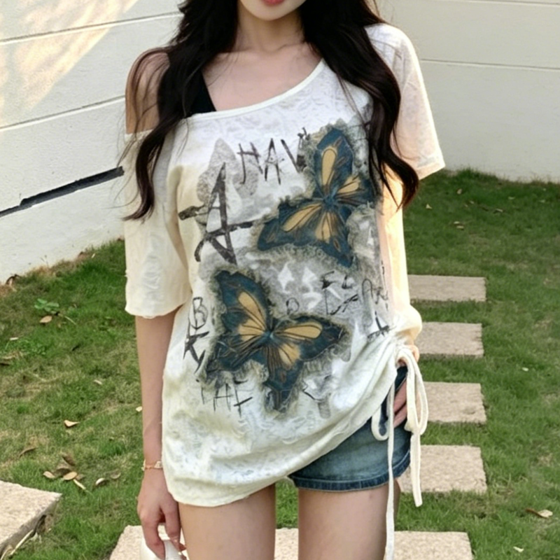 Vintage Butterfly Print Off Shoulder Short Sleeve Couple T-shirts - Women - 3XL - image 3