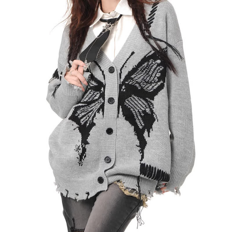 Dark Fashion Butterfly Print Distressed Knit Oversize Sweater  - image 4