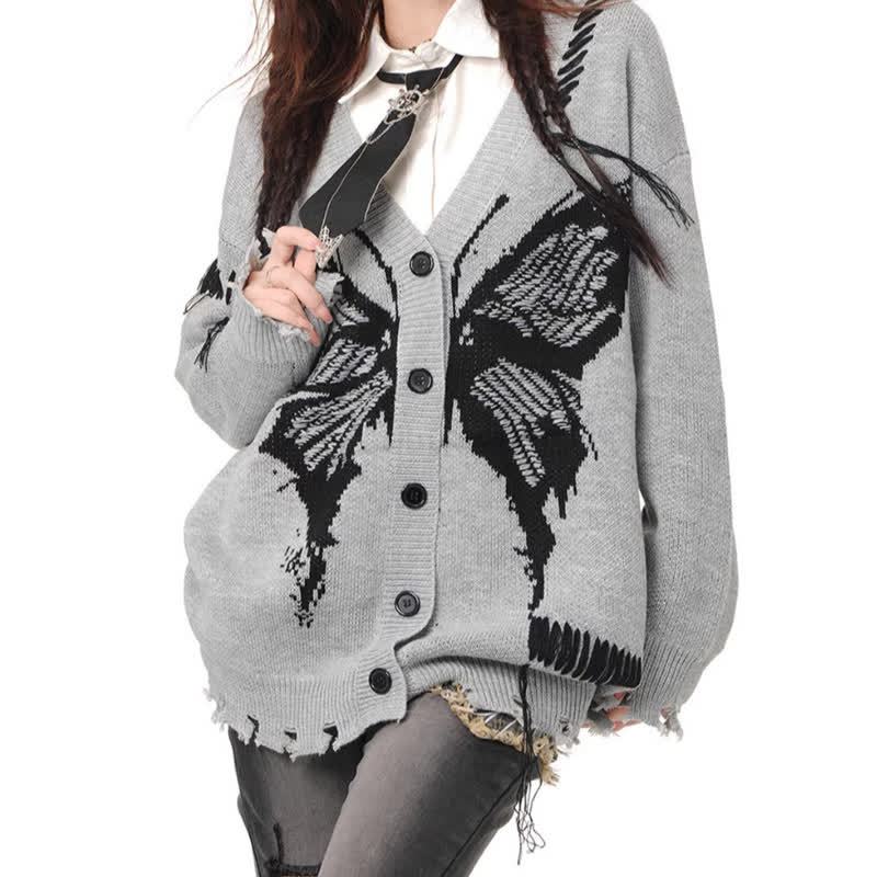 Dark Fashion Butterfly Print Distressed Knit Oversize Sweater  - image 4