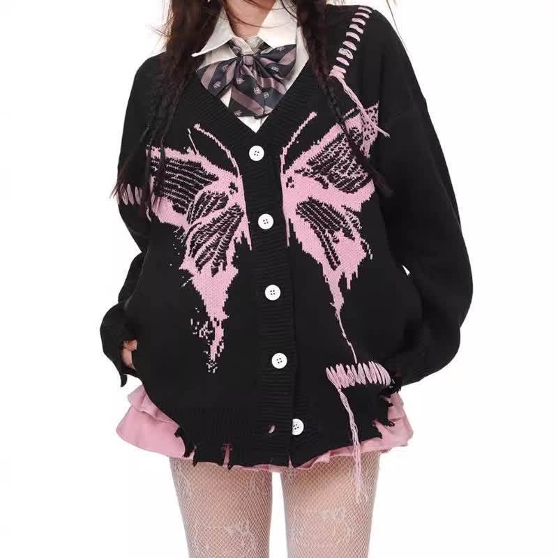 Dark Fashion Butterfly Print Distressed Knit Oversize Sweater  - image 2