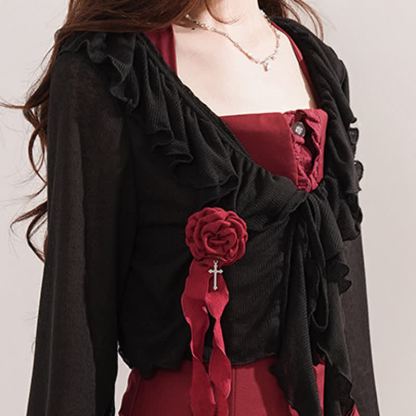 Gothic Ruffle Lace Knit Crop Cardigan Tiered Ruffle Dress Two Pieces Set  - Black Coat - XL - image 3