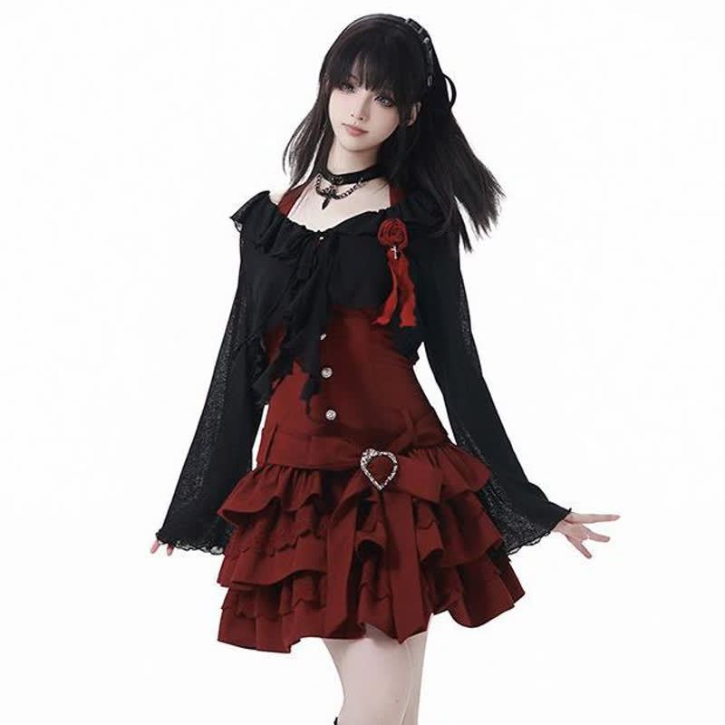 Gothic Ruffle Lace Knit Crop Cardigan Tiered Ruffle Dress Two Pieces Set  - Black&Red Set - XL - image 2