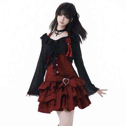 Gothic Ruffle Lace Knit Crop Cardigan Tiered Ruffle Dress Two Pieces Set  - Black&Red Set - XL - image 2