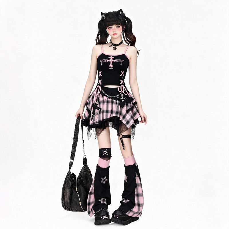 Gothic Cross Print Lace Up Cami Top Plaid Layered Skirt Two Pieces Set - image 2