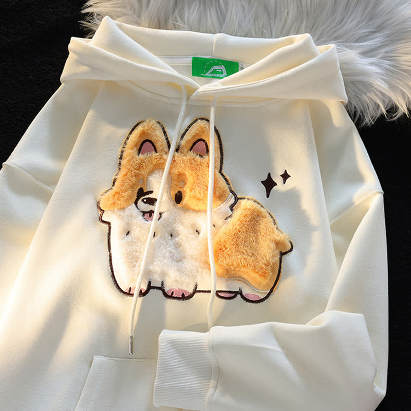 Cute Puppy Embroidery Casual Loose Hooded Sweatshirt - Apricot - XL - image 1