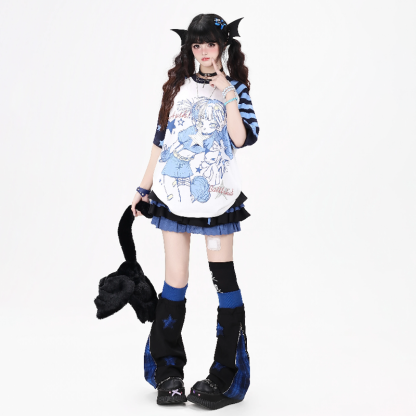 Y2K Vintage Cartoon Girl Print Star Stripe Splicing Short Sleeve T-shirt - image 3