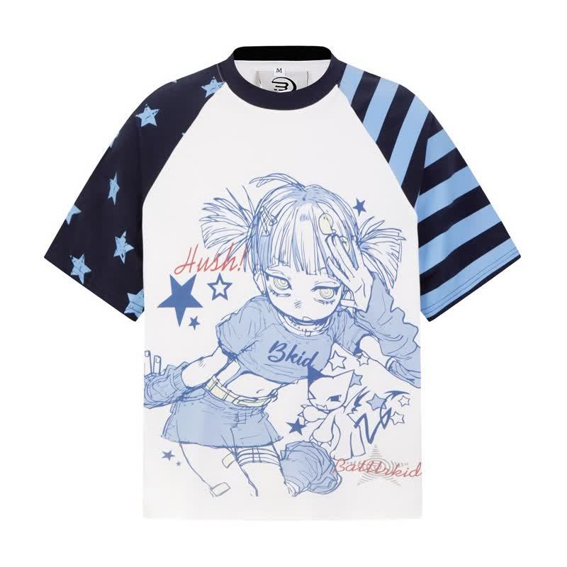 Y2K Vintage Cartoon Girl Print Star Stripe Splicing Short Sleeve T-shirt - Blue - XL - image 5
