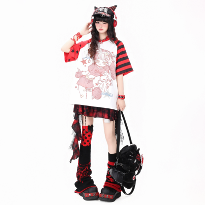 Y2K Vintage Cartoon Girl Print Star Stripe Splicing Short Sleeve T-shirt - image 2