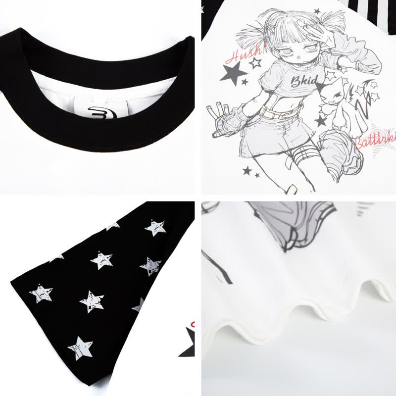 Y2K Vintage Cartoon Girl Print Star Stripe Splicing Short Sleeve T-shirt - image 9
