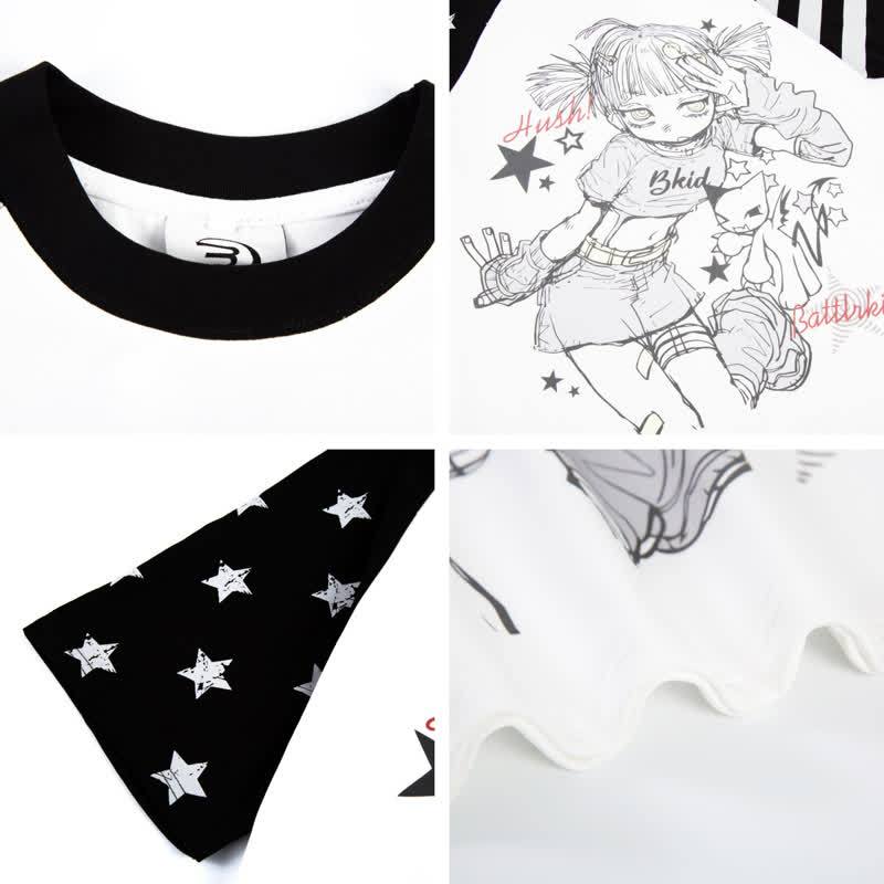 Y2K Vintage Cartoon Girl Print Star Stripe Splicing Short Sleeve T-shirt - image 9