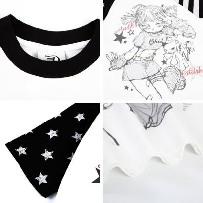 Y2K Vintage Cartoon Girl Print Star Stripe Splicing Short Sleeve T-shirt - image 9