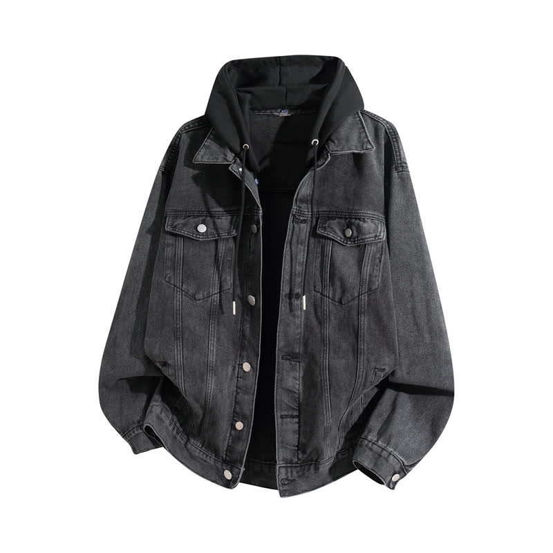 Vintage Casual Fake Two Piece Loose  Hooded Denim Jacket - Grey B - 3XL - image 2