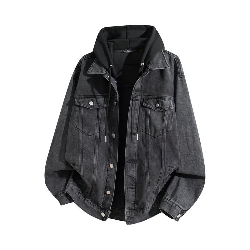 Vintage Casual Fake Two Piece Loose  Hooded Denim Jacket - Grey B - 3XL - image 2